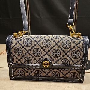 Navy Patterned Logo Jacquard Shoulder Bag